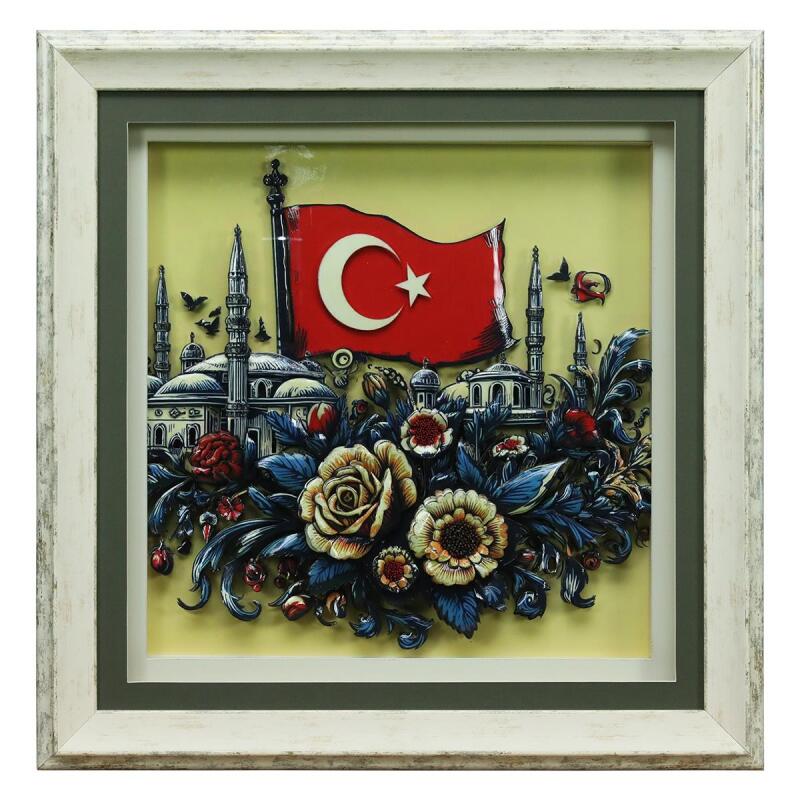 e38 EL İŞÇİLİĞİ TÜRK BAYRAĞI KAĞIT RÖLYEF TABLO 66x68 CM - 6352 - 1